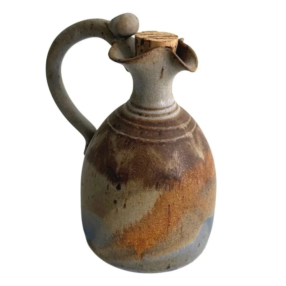 Handmade ceramic pottery signed artisan jug rustic brown tan tones blue glaze - Picture 12 of 12